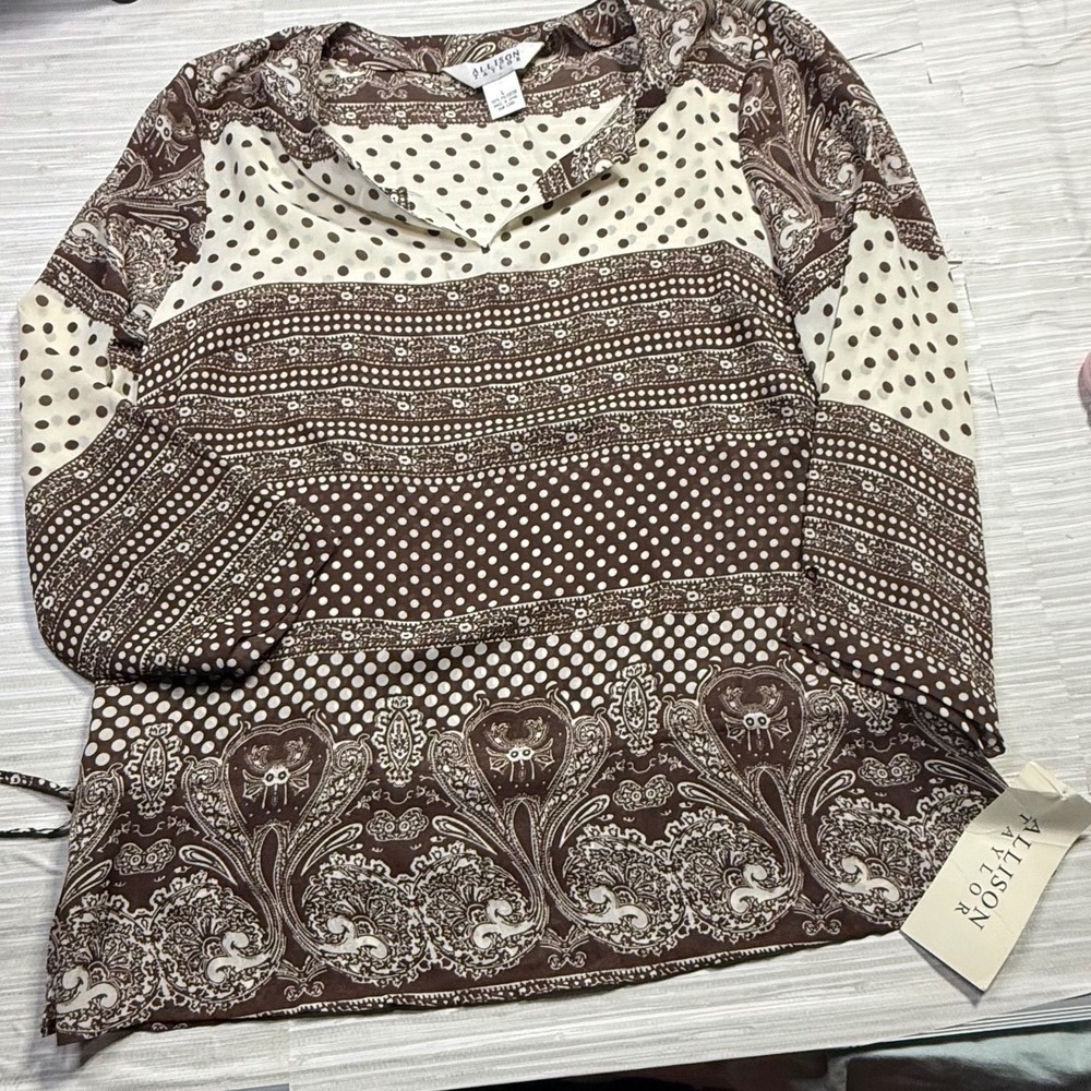 Allison Taylor Womens Large Brown‎ Paisley Polka Dot Mixed Print Blouse NWT